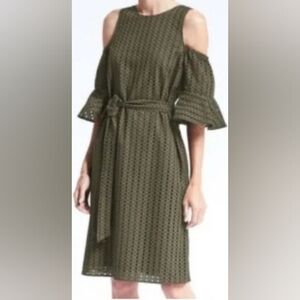 Banana Republic Flutter Sleeve Eyelet Cotton Dress Olive Green XL